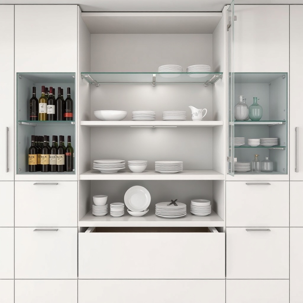 A photorealistic shot of Form Kitchen F130 interior with organized glass shelves and soft-