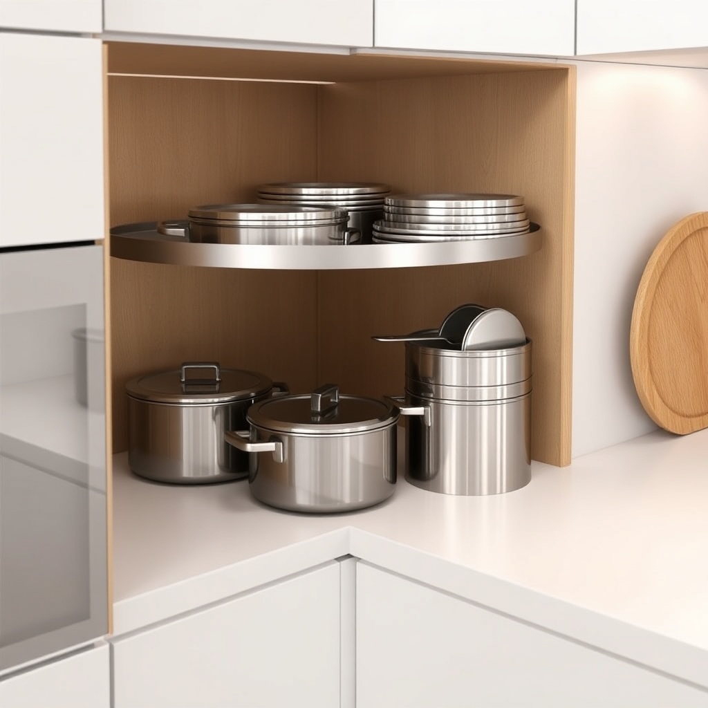 A photorealistic close-up of Form Kitchen F130's corner cabinet with a Le Mans rotating sh