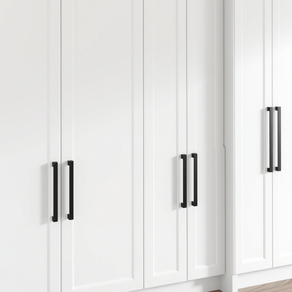 A clean photorealistic photo of modern kitchen cabinets with sleek matte black T-pulls on