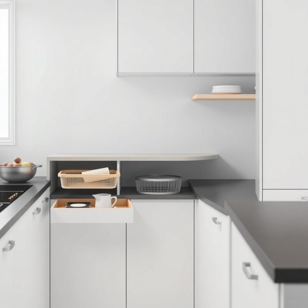 A clean photorealistic photo of a modern kitchen corner with a lazy susan and pull-out bas