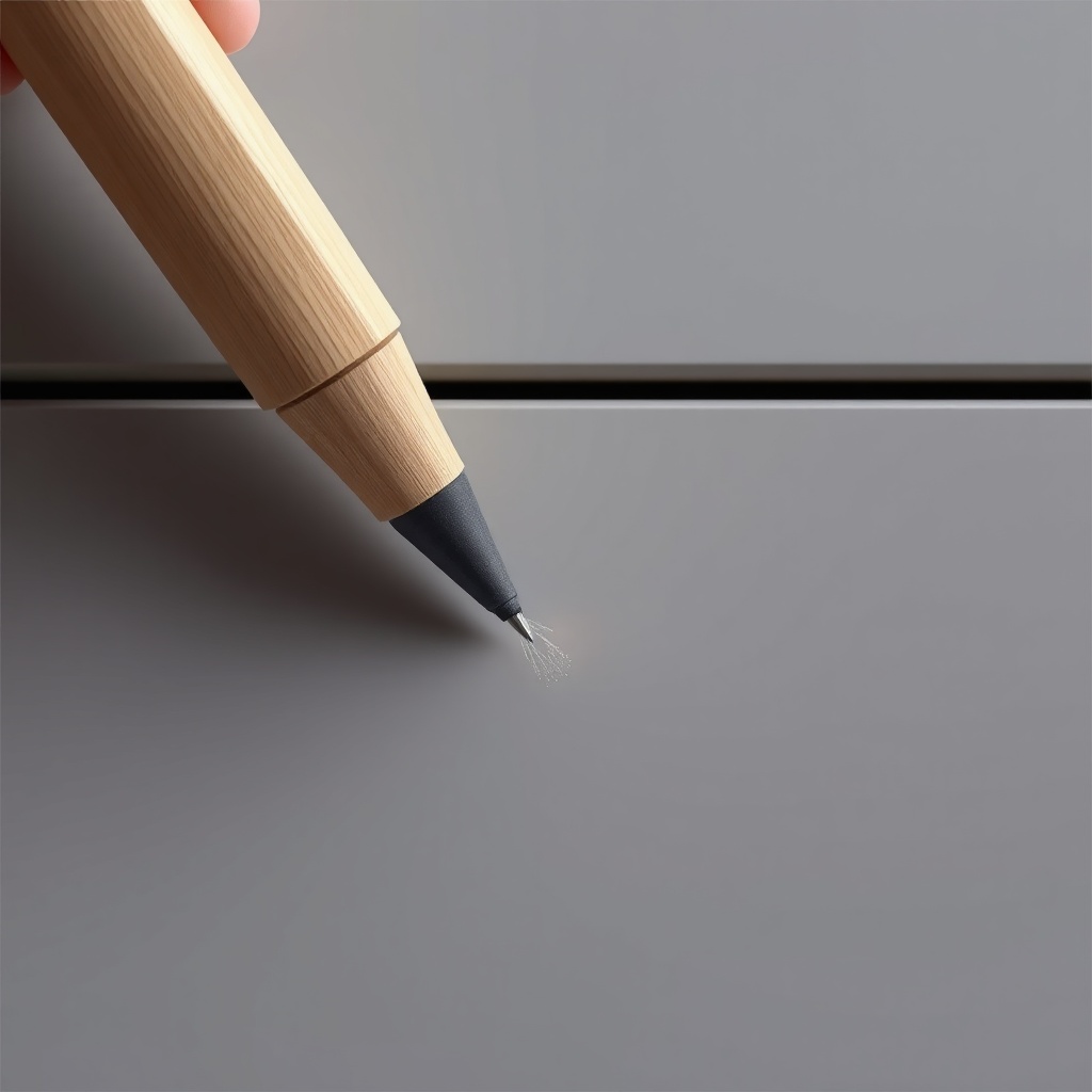 <clean photorealistic photo/illustration of scratch repair on a matte kitchen cabinet surf