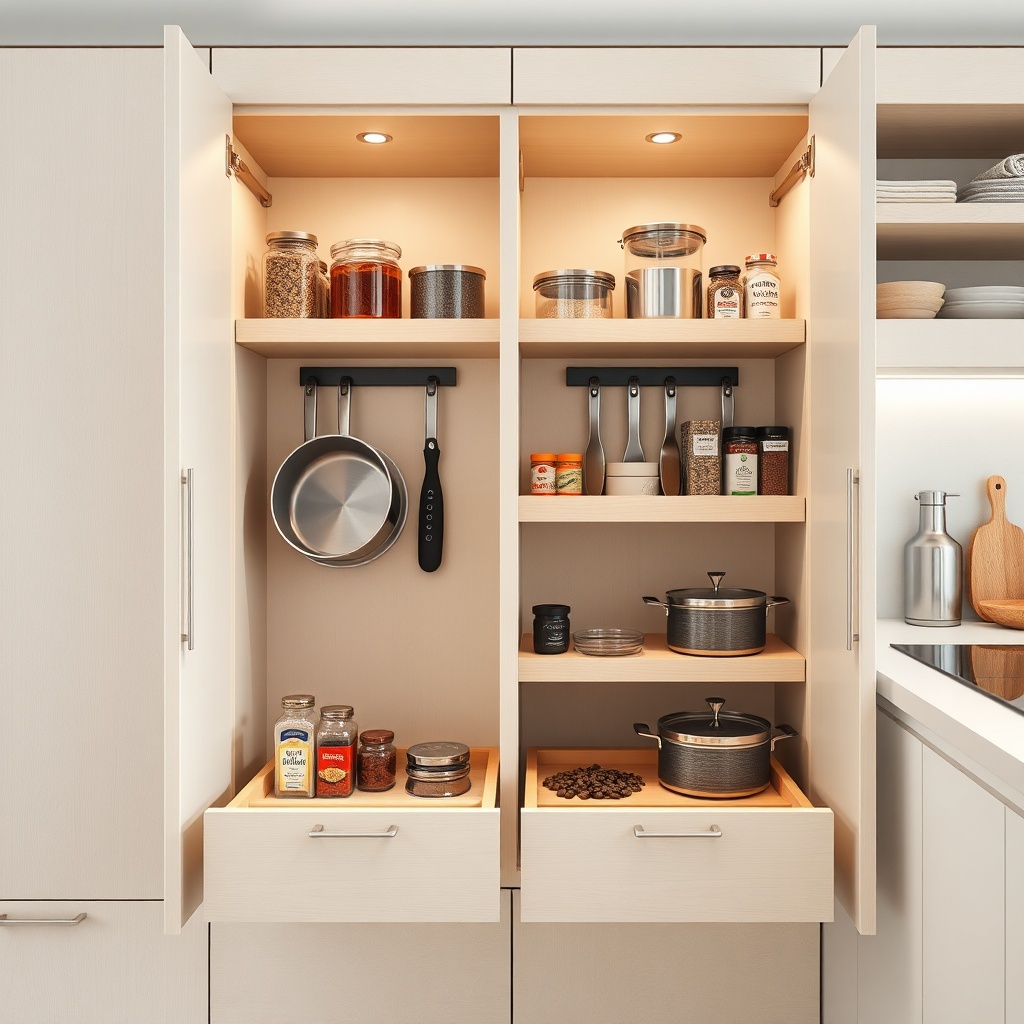<clean photorealistic photo of İstikbal Start kitchen cabinet interior with pull-out drawe