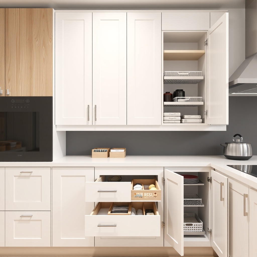A clean photorealistic photo of a modern kitchen with İstikbal Start cabinets