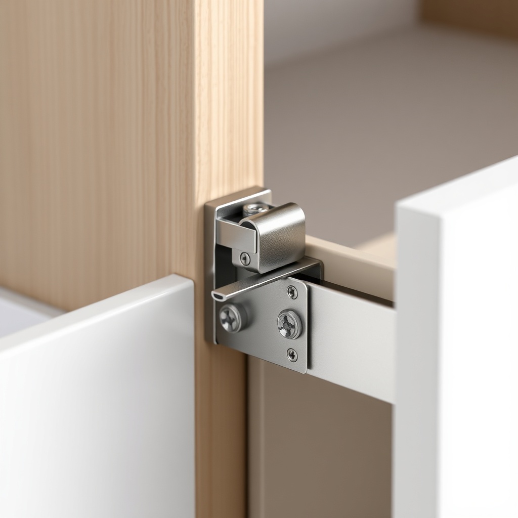 <photorealistic closeup of İstikbal Start cabinet hinge and drawer rail mechanism