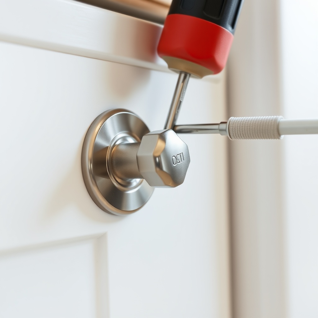 A close-up photorealistic photo of a stainless steel cabinet handle on a white kitchen cab