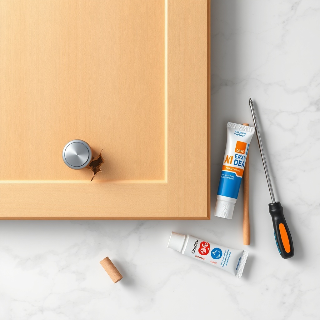 A photorealistic top-down view of a damaged kitchen cabinet door with a broken handle hole