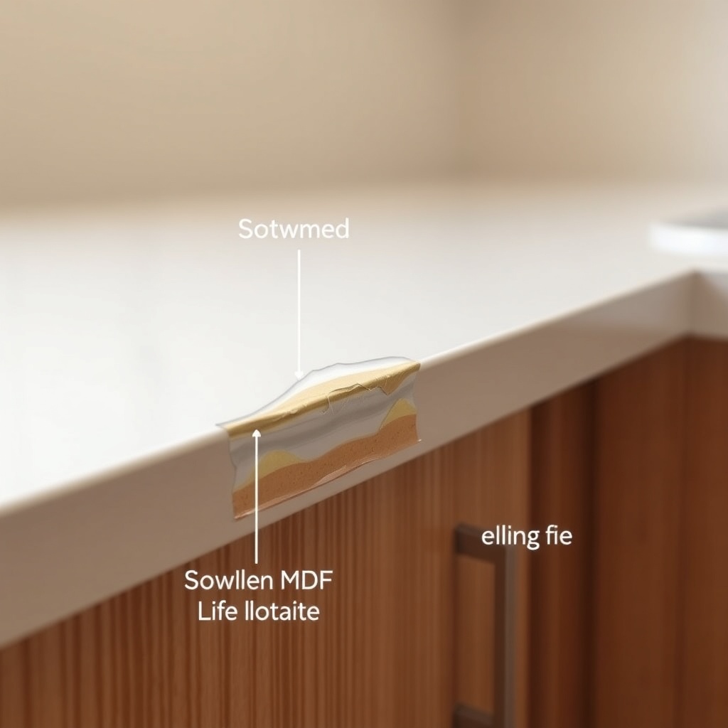 <clean photorealistic photo of a kitchen cabinet edge with water damage near a sink