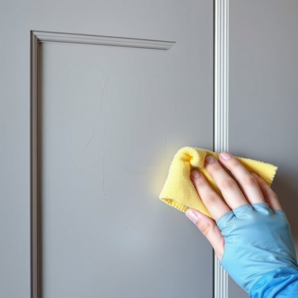 <clean photorealistic photo of a kitchen cabinet door with scratches and a person applying