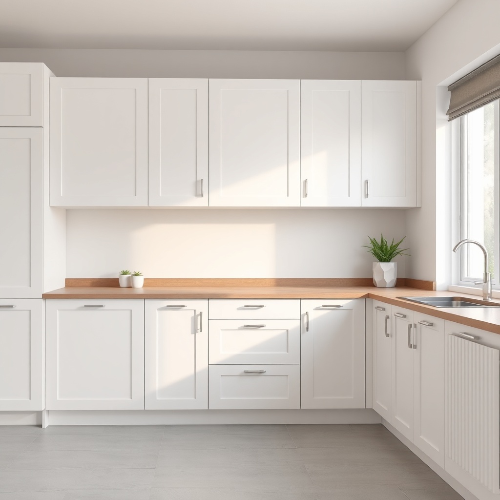 <A photorealistic wide shot of a modern kitchen with white İstikbal Start cabinets